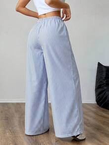 SHEIN PETITE CURVE 大码女式腰带条纹阔腿宽松休闲裤 - 藍色 - 查看 2