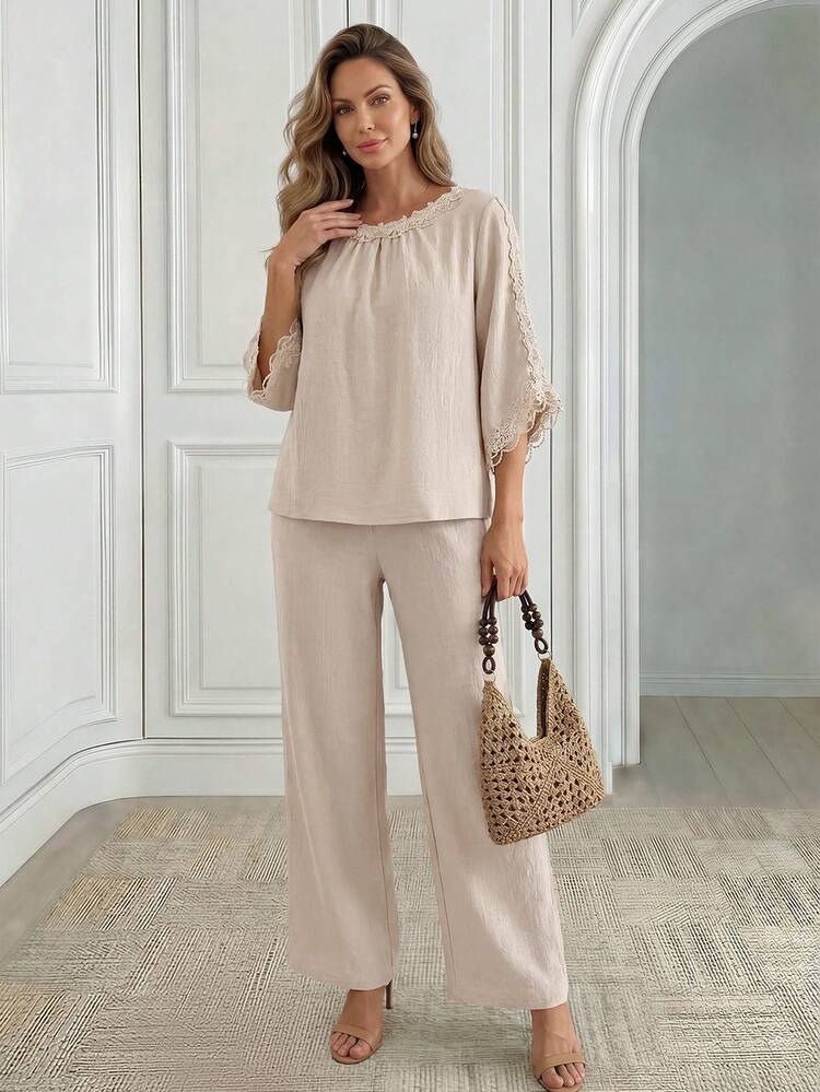 Women's Solid Color Lace Trim Blouse And Pants 2 Pieces Set