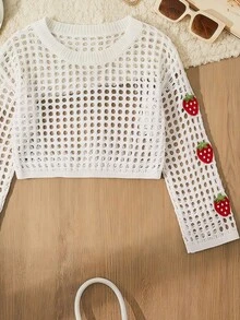SHEIN غطاء قصير مُرصّع بأشكال الفراولة محبوك بلون سادة وبتصميم مفرّغ - أبيض - مشاهدة 3