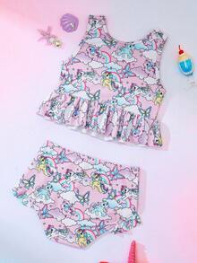 My Little Pony X SHEIN Bộ đồ bơi in hình hoạt hình cho bé gái, thích hợp cho kỳ nghỉ biển. - Màu tím hoa cà - Xem 2