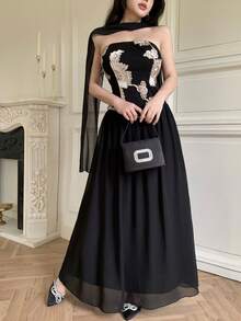 Modelyn Vestido negro con escote sin tirantes y lazo, con bordado floral elegante de gasa - Negro - Ver 6