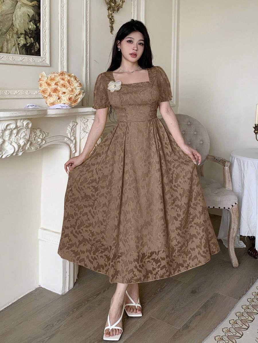 Modelyn Gaun Wanita Model Mengembang dengan Potongan Pinggang dan Dekorasi Bunga 3D - Coffee Brown - View 1