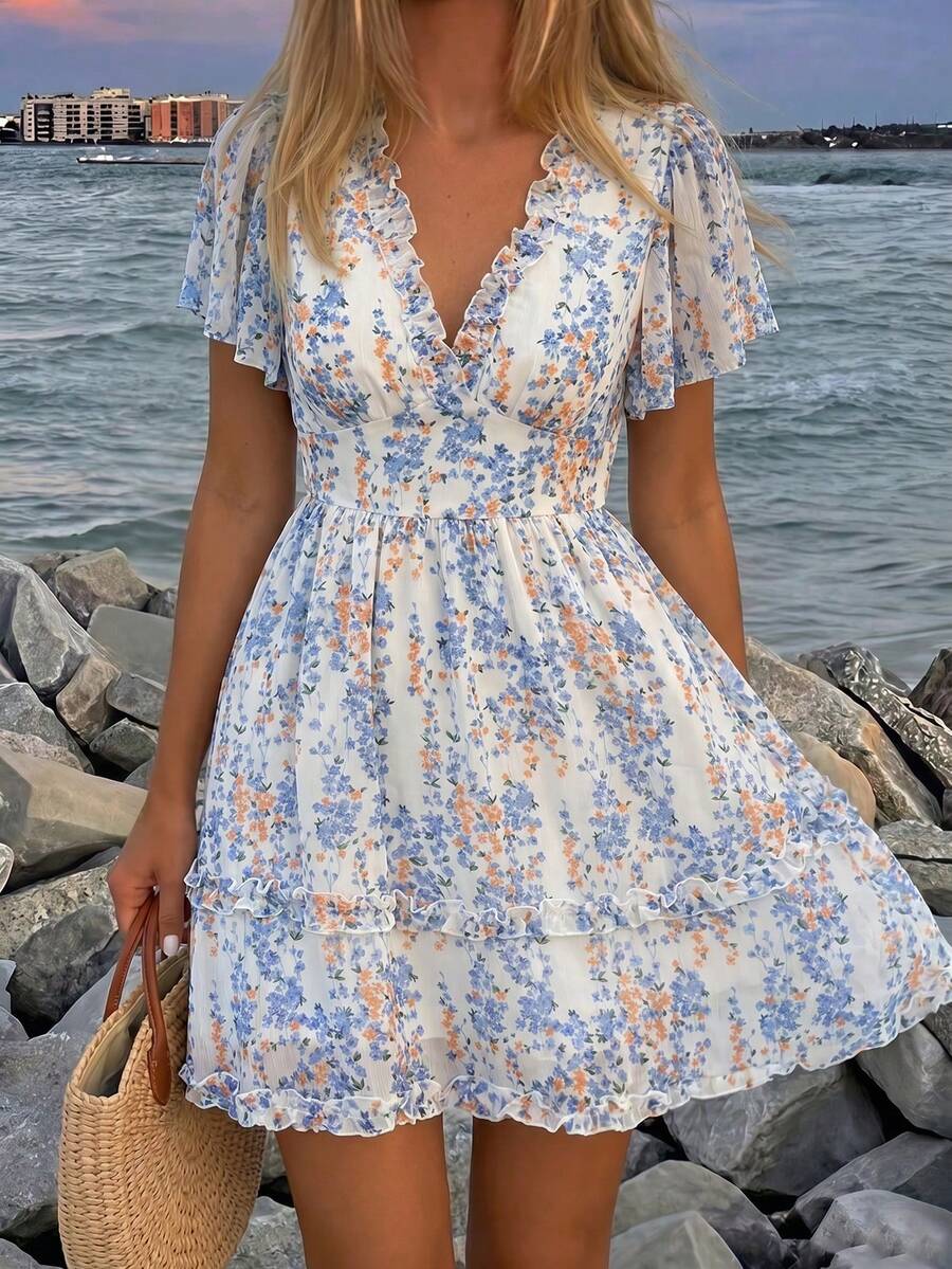 Breezaya Vestido con estampado floral ditsy y volantes, conjunto de ropa de playa de vacaciones para mujeres - Multicolor - Ver 1