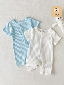 SHEIN Playful Pals 2件/組 新生女嬰連身褲 羅紋針織短袖連身衣 前方蝴蝶結 藍白條紋 夏季可愛親子套裝 彈性 - 淺藍色 - 查看 7