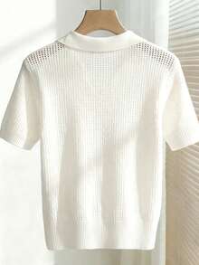 SHEIN Franclia Áo thun nữ tay ngắn cổ polo khoét lỗ màu trắng thanh lịch, dáng ôm, đa năng, thích hợp mặc đi làm, áo kiểu nhẹ, trang phục mùa hè, áo nữ duyên dáng, trang phục thường ngày. - trắng - Xem 2