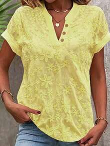 EMERY ROSE Women's Floral Embroidery V-Neck Short Sleeve Blouse - Yellow - View 6