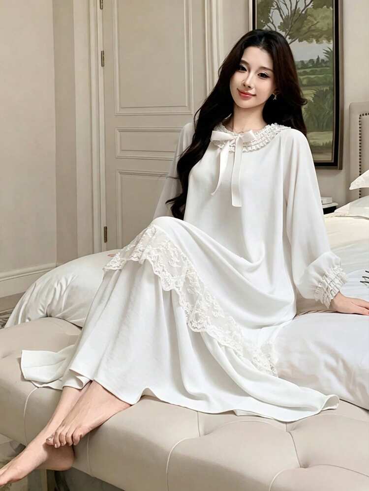 Sweet Princess Style Satin Bow Contrast Color Layered Lace Trim Loose Long Women Nightgown