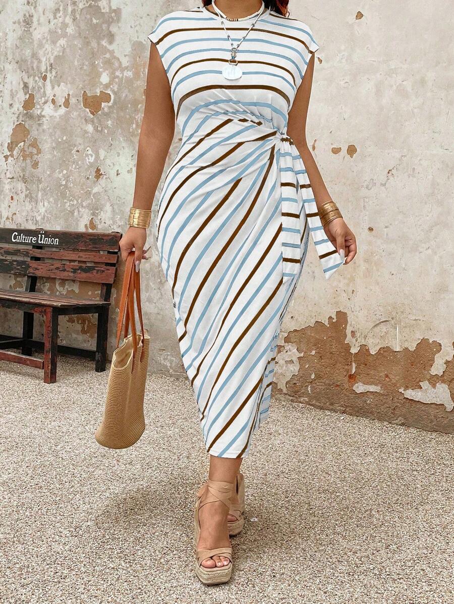 EMERY ROSE Plus Size Striped Color Block Vacation Casual Dress With Cinched Waist Belt Maxi Women Outfit - Multicolor - View 1