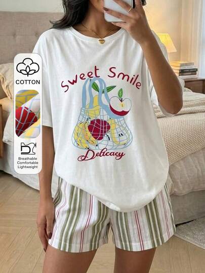 Livesso Women's Summer Fruit & Letter Print Loose Shoulder Top And Contrast Striped Shorts Pajama Set