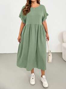Shapeblank Plus-Size Women's Spring/Summer Fashionable Casual Loose Comfortable Everyday Basic Versatile Slimming Ruffled Sleeves Pocket Black Midi Dress,Simple Style,Summer Outfits,European Summer - Green - View 8