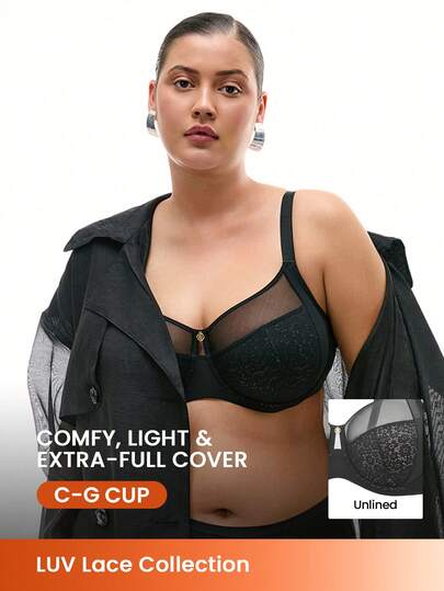 LUVLETTE Plus Black Lingerie Lounge Curve Full Coverage Support&Breathable Underwire Sexy Unlined Airy Lace Black Elegance Breezy Comfort Minimizer Bra
