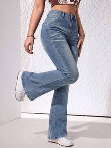 SHEIN Quần jeans ống loe cạp trung cho nữ, quần denim thường ngày và đi nghỉ mát. - Rửa trung bình - Xem 6