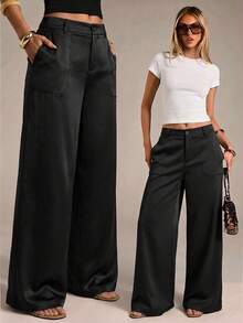 SHEIN PETITE CURVE Plus Size Women's Black Autumn Smart Casual Everyday Pants, CURVE Petite High-Waisted Wide Leg Loose With Pockets, Elegant Office Bussines Gym - Black - View 5