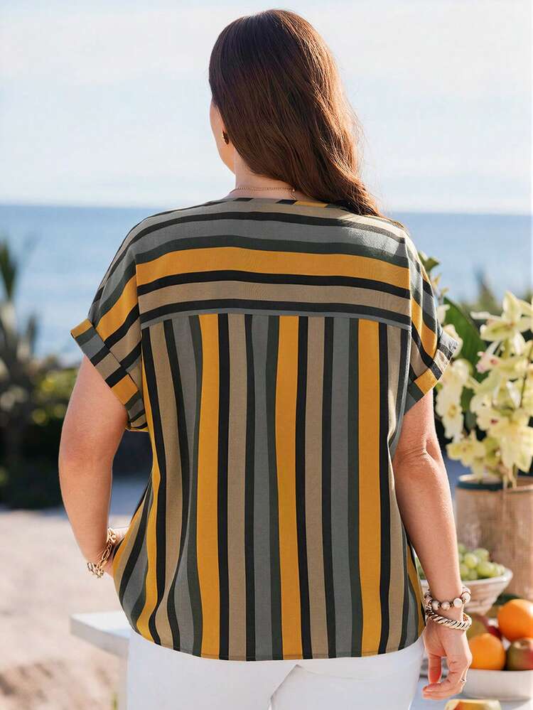 Plus Size Women's Summer Casual Vacation Country  Striped Patchwork Round Neck Short Sleeve Blouse Shirt Top, Suitable For Summer Vacation,Casual Holiday Style,Summer Outfits For Women ,Vacation Outfits Women ,Holiday Outfits For Women,Going Out Outfits, New Clothes,Simple And Fashionable For Everyday Wear,Suitable For Summer, Vacation, Daily Wear, Festival Outfits For Women,Country Concert Outfit,Beach Outfits For Women,Western Style,Boho Shirt,Festival Outfits For Women,Festa Junina