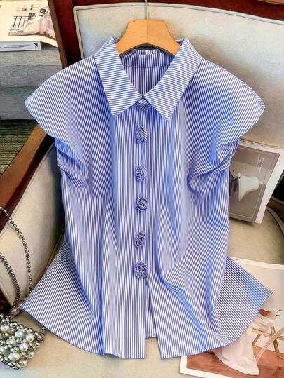 GlowEve CURVE Plus Size Sleeveless Blue & White Striped Blouse With Shoulder Pads, Rose Flower Button Closure, Summer