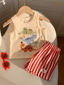 SHEIN 2pcs/Set Baby Boy/Girl Cute Casual Comfortable Funny Cartoon Dinosaur Pattern Tank Top And Elastic Waist Striped Shorts Set,Red - Multicolor - View 10