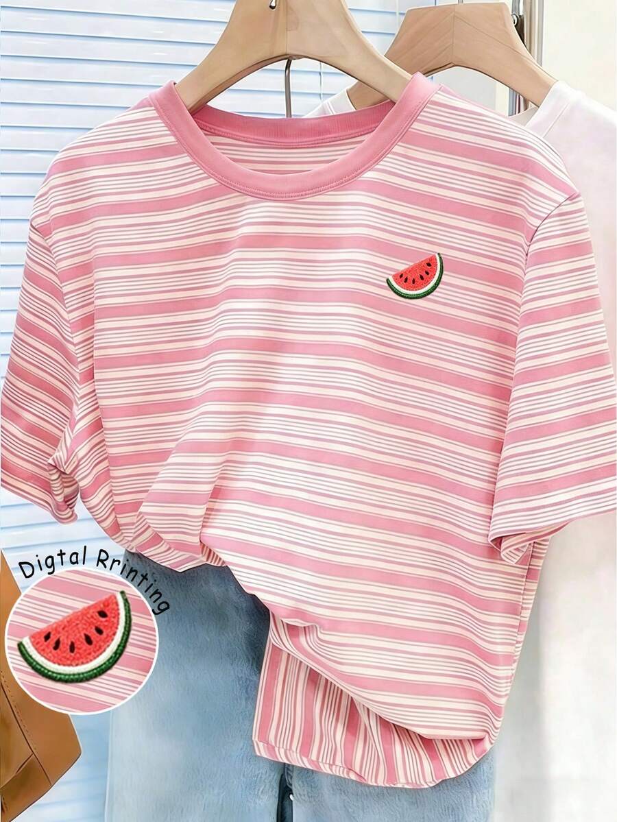 少女粉色夏季校園T恤,粉色與白色條紋西瓜刺繡圓領短袖上衣,可愛返校季上衣 - 彩色 - 查看 1