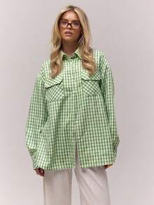 MUSERA Oversized Checkered Front Pocket Button Down Shirt Old Money Cute Country Cottage Core Clean Girl Casual Spring Summer Holiday - Green - View 1