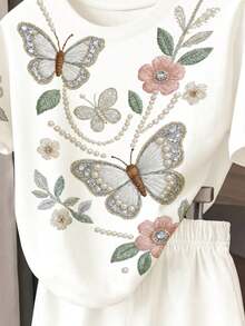 Young Girl Summer Casual Vacation & Commute Butterfly & Floral Print Short Sleeve T-Shirt And Shorts Set - Multicolor - View 3