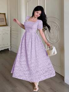 Modelyn Đầm xòe nữ khoét eo với họa tiết hoa 3D. - Màu tím hoa cà - Xem 5