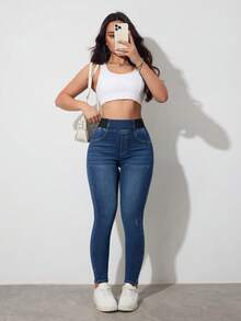 SHEIN Tall Quần jeans nữ cạp cao, cạp chun co giãn, kiểu dáng ôm sát, thích hợp cho mùa hè, công sở và sinh hoạt hàng ngày. Quần jeans nữ cạp cao, dáng ôm, chất liệu co giãn thoải mái, màu tối, thích hợp cho mùa thu/đông. - Màu xanh lam - Xem 6