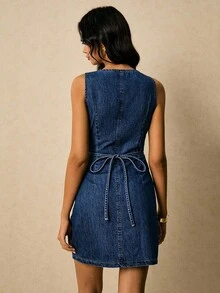 SHEIN PETITE Vestido corto de mezclilla con cuello en V y botones delanteros para mujer, atuendo casual de verano, vintage y de fiesta para mujer. Vestido de mezclilla casual de verano con cuello en V, sin mangas y botones delanteros para mujer - Azul lavado oscuro - Ver 3