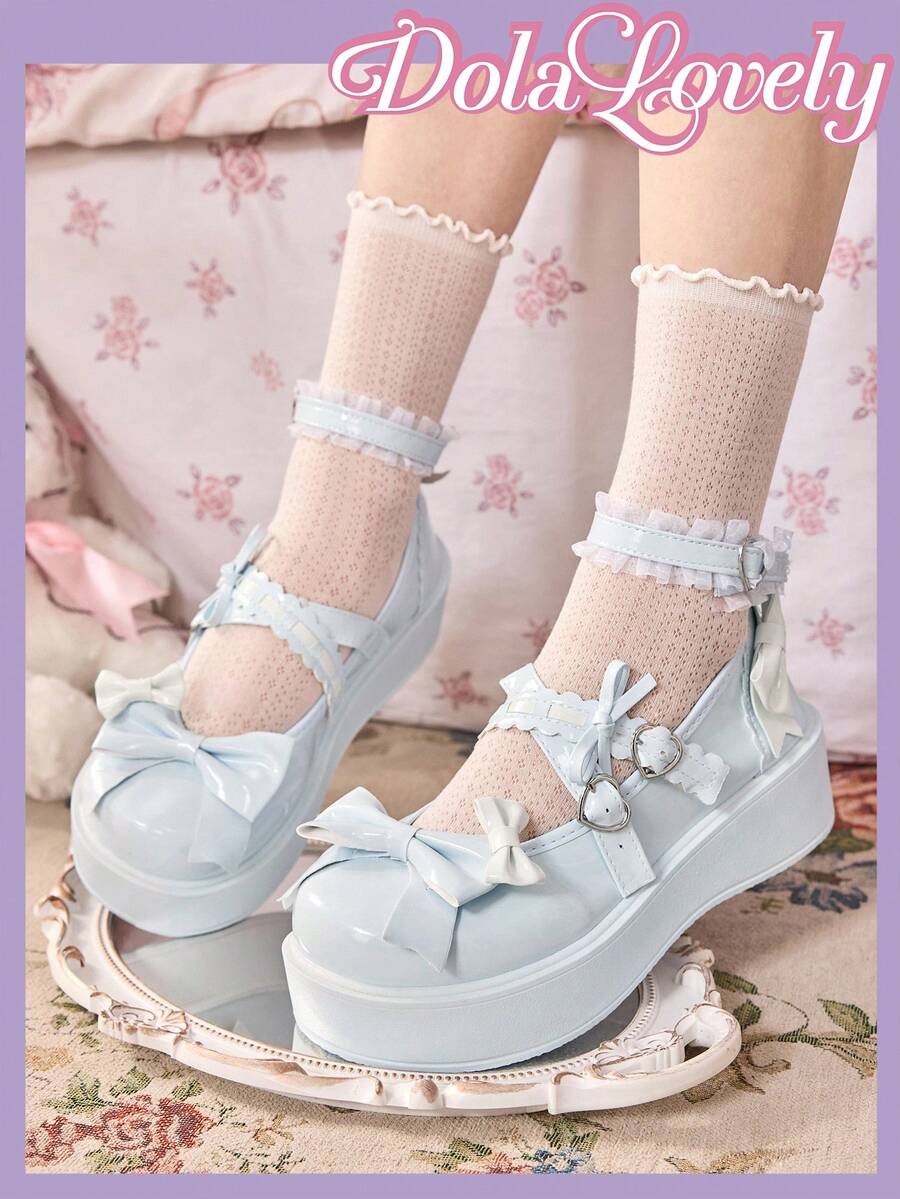 Dola Lovely Sapatos femininos azul-claro com salto plataforma e sola grossa, estilo Mary Jane, Lolita, JK, Gótico e Y2K. - Arco azul - Ver 1