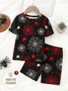 Young BoySpider Graphic Print Crew Neck Short Sleeve Shorts 2-Piece Pajama Set, Stretchy Knit Fabric, Comfortable & Soft, Black - Black - View 3