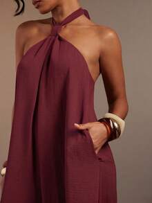 Hauture Women's Sexy Solid Color Backless Halter Neck Loose Jumpsuit - Burgundy - View 6