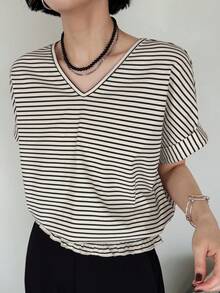 FRIFUL Women's Wavy Striped Loose Contrast Trim Short Sleeve T-Shirt, Summer Casual Wear Graphic Tee - Beige - View 6