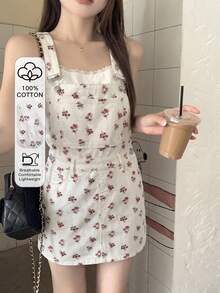 DAZY 春夏印花白色休闲户外音乐节情人节牛仔吊带连衣裙女式太阳裙女式度假装 - 白色 - 查看 1
