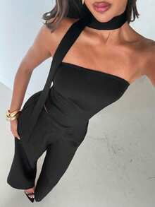 Conjunto de 2 piezas Ankoala de top halter asimétrico rojo y burdeos, y pantalones alargados, elegante para ir a trabajar, nueva llegada de primavera/verano - Negro - Ver 4