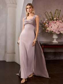 MOTF Soiréza Đầm maxi dự tiệc thanh lịch với dây đeo vai rộng dành cho nữ, chi tiết nhún bèo ở vai và ngực, dây ruy băng rủ phía sau, chất liệu satin dệt kim, hoàn hảo cho đám cưới, lễ trao giải và các sự kiện tiệc tùng cao cấp, trang phục đón năm mới, trang phục dự tiệc ngày Valentine. - Bụi hồng - Xem 4