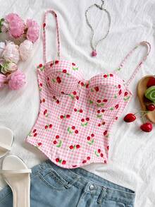 Soleia Áo hai dây croptop nữ kiểu dáng đi nghỉ mát, có cúc, họa tiết kẻ caro và quả anh đào, thích hợp cho bãi biển, bờ biển hoặc hẹn hò. - Nhiều màu - Xem 3