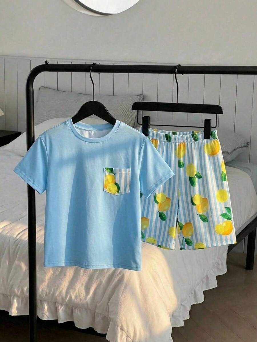 SHEIN 男童清爽条纹柠檬水果印花夏季休闲短袖T恤和短裤两件套睡衣套装 - 彩色 - 查看 1