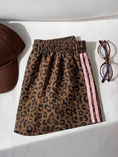 Comfortcana Shorts casuales de verano para mujer con estampado de leopardo y rayas, cintura elástica