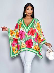 SOLERSUN Women's Summer Beach Vacation Style Tropical Print Loose V Neck Batwing Sleeve Blouse,Resort Tropical Vacations - Green - View 3