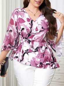 Reflora Plus Size Elegant All-Over Print Ruched Flare Sleeve Blouse, Summer Fall - Multicolor - View 5