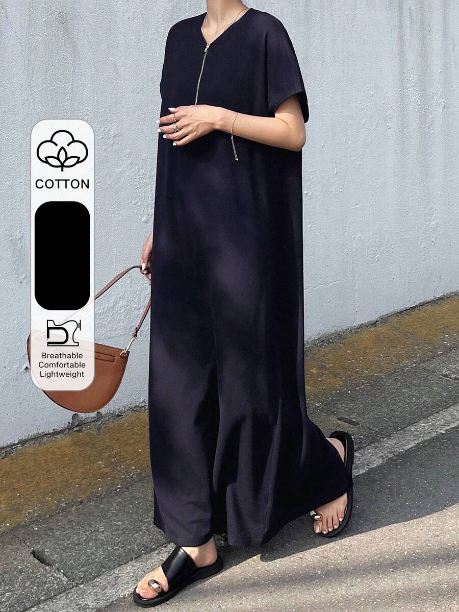 FRIFUL Vestido de verano casual de manga corta, suelto y de unicolor con cremallera de metal para mujeres, atuendo para vacaciones y graduación - Azul Marino - Ver 1