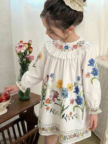 SHEIN LMoss Kids Đầm voan hoa xếp tầng cho bé gái - trắng - Xem 5