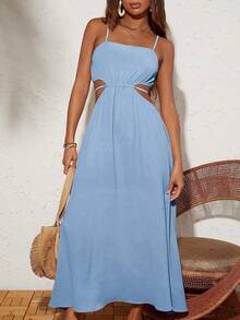 Travachic Vestido de verano de unicolor con espalda descubierta y cintura anudada - Celeste - Ver 4