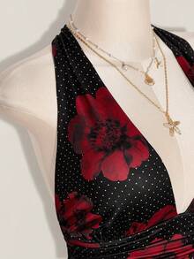 SHEIN ICON 大码女式波点花卉印花深V性感吊带背心 - 黑色 - 查看 10