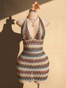 SHEIN ICON Conjunto de 2 piezas de talla grande, estilo retro Y2K: Chaleco sin espalda de punto a rayas de cuello en V y minifalda ajustado a rayas, para vacaciones de verano - Multicolor - Ver 3
