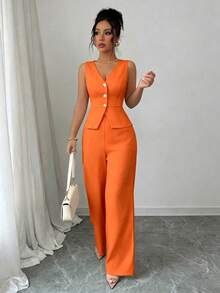 2026 Conjunto de traje de mujer con chaleco sin mangas elegante y pantalones, estilo de negocios/oficina, para verano - Naranja - Ver 7