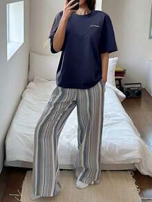 DAZY 2pcs Women Summer Casual Letter Print Loose T-Shirt Top And Striped Pajama Pants Sleepwear Set - Navy Blue - View 9