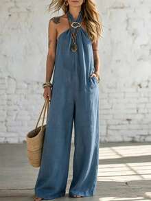 SHEIN Holidaya Mono de pierna ancha y suelta con cuello de halter de sensación de lino, estilo de vacaciones para mujer - Azul - Ver 6