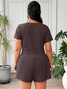 Muchica Plus Size Women Summer Casual Daily Commute Solid Color Short Sleeve Fitted Cropped Top And Drawstring Waist Shorts Set - Coffee Brown - View 3