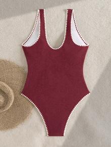 Bonvoyette Swim Swim Lushoire 橙色纹理连体泳衣，饰有贝壳图案和撞色滚边，适合夏季海滩穿着 - 酒紅色 - 查看 2