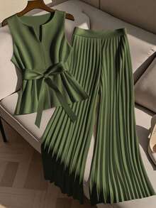 SHEIN Clasi 2件套大码女式无袖上衣和休闲宽松褶皱阔腿裤套装 - 軍綠色 - 查看 1