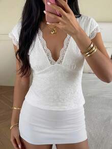 Firerie Women's Summer Casual Vacation Daily Commute Solid Color Schiffy Contrast Lace Slim Fit Blouse - Beige - View 7